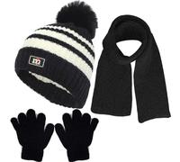 NLAND Enfant Bonnet Écharpe et Gants 3 en 1 Bonnet en Tricot avec Pompon Thermique Tour de Cou Gants à Doublure Polaire Accessoires Hiver pour Fille Garçon 1-5 Ans(Noir,Taille Unique)