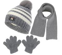 NLAND Enfant Bonnet Écharpe et Gants 3 en 1 Bonnet en Tricot avec Pompon Thermique Tour de Cou Gants à Doublure Polaire Accessoires Hiver pour Fille Garçon 1-5 Ans(Gris,Taille Unique)