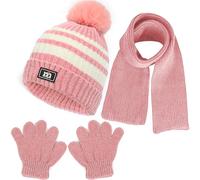 NLAND Enfant Bonnet Écharpe et Gants 3 en 1 Bonnet en Tricot avec Pompon Thermique Tour de Cou Gants à Doublure Polaire Accessoires Hiver pour Fille Garçon 1-5 Ans(Rose,Taille Unique)