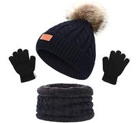 NLAND Ensemble Bonnet Écharpe Gants Enfant 3 en 1 Bonnet Hiver Enfant avec Pompon Tricoté Tour de Cou avec Doublure Gants Chaud Accessoires Hiver Set pour Fille Garçon 2-6 Ans(Noir,Taille Unique)