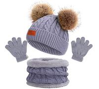 NLAND Ensemble Bonnet Écharpe Gants Enfant 3 en 1 Bonnet Hiver Enfant avec Pompon Tricoté Tour de Cou avec Doublure Gants Chaud Accessoires Hiver Set pour Fille Garçon 2-6 Ans(Gris#1,Taille Unique)