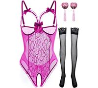 NLAND Ensemble de Lingerie Femme en Dentelle Body Sexy Dos Nu 3 Pièces sous-Vêtement avec Bas et Caches Tétons Vêtements de Nuit(Rose Rouge,Taille Unique)