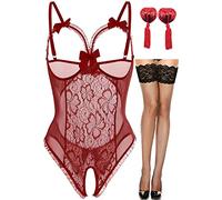 NLAND Ensemble de Lingerie Femme en Dentelle Body Sexy Dos Nu 3 Pièces sous-Vêtement avec Bas et Caches Tétons Vêtements de Nuit(Vin Rouge,Taille Unique)