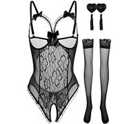 NLAND Ensemble de Lingerie Femme en Dentelle Body Sexy Dos Nu 3 Pièces sous-Vêtement avec Bas et Caches Tétons Vêtements de Nuit(Noir,Taille Unique)