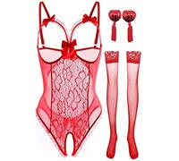 NLAND Ensemble de Lingerie Femme en Dentelle Body Sexy Dos Nu 3 Pièces sous-Vêtement avec Bas et Caches Tétons Vêtements de Nuit(Rouge,Taille Unique)