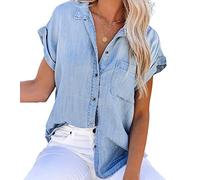 NLAVW Femmes été boutonné Denim Chemise à Manches Courtes Chemises décontractées Hauts Coupe Ample Jean Veste Blouses Fit Tunique Blouse,Bleu,S