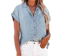 NLAVW Femmes été boutonné Denim Chemise à Manches Courtes Chemises décontractées Hauts Coupe Ample Jean Veste Blouses Fit Tunique Blouse,Light Blue,L