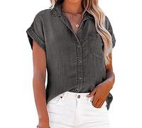 NLAVW Femmes été boutonné Denim Chemise à Manches Courtes Chemises décontractées Hauts Coupe Ample Jean Veste Blouses Fit Tunique Blouse,Gris,XL