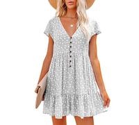 NLAVW Femmes Printemps été vêtements Bouton col en V imprimé Fleuri Robe à Manches Courtes lâche Pull décontracté Robes,Gris,XXL