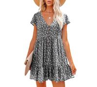 NLAVW Femmes Printemps été vêtements Bouton col en V imprimé Fleuri Robe à Manches Courtes lâche Pull décontracté Robes,Noir,XXL