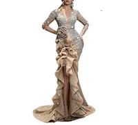 NLAVW Femmes Robes de soirée Longues Moulantes Volants Robe Formelle Balle côté Fente Paillettes fête Robes de Bal Robes Robes Robes matures,Argent,M