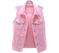 NLAVW Gilet en Jean Femme Gilet en Jean Grande Taille 5XL-6XL Veste Courte sans Manches Gilet Vintage Jean Gilet Cardigan déchiré Femme,Rose,L