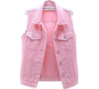 NLAVW Gilet en jean pour femme - Grande taille - 5XL-6XL - Veste courte sans manches - Gilet vintage en jean - Cardigan déchiré pour femme, rose, M/L