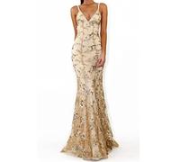 NLAVW Robe de soirée pour Femmes Rose Sexy col en V Profond Moulante Maille Fente Paillettes fête Bal Robe Formelle Robes Robes matures,d'or,S