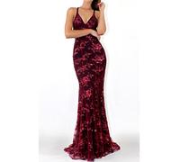 NLAVW Robe de soirée pour Femmes Rose Sexy col en V Profond Moulante Maille Fente Paillettes fête Bal Robe Formelle Robes Robes matures,Rouge,M