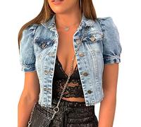 NLAVW Veste en Jean à Manches Courtes pour Femmes Veste en Jean décontractée Couleur Unie Veste Courte Vintage vêtements d'extérieur,Bleu,XL