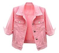 NLAVW Veste en Jean Courte à Manches Courtes pour Femmes Manteau de Vestes déchirées à Manches 3/4,Rose,L