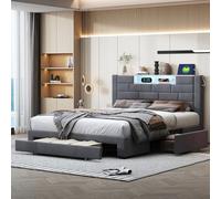 NLDGR Lit double 160 x 200 cm avec tête de lit LED et port USB, lit de rangement avec tiroirs de rangement, cadre de lit pour adolescent, style européen et américain, sans matelas