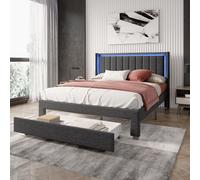 NLDGR Lit double rembourré, en lin, 140 x 200 cm, tête de lit avec LED et charge USB, lit à tiroirs, tiroir au bout du lit, lit pour adolescent, sommier à lattes en bois, dossier (140 x 200 cm)