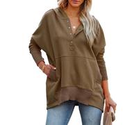 NLIADVY Pull Confortable pour feu de Camp d'automne, Hauts à Capuche décontractés avec Boutons et col en V pour Femmes avec Poches (S,Brown)