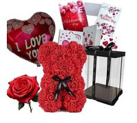 NLIGHTING Ours en Rose Ours de Roses 25cm Ours en Peluche Peluche Peluche Idées Cadeau Femme Fleurs fête des mères Saint Valentin pour Elle + Baci + Rose + Lumières LED + Boîte avec Ruban (Rouge)