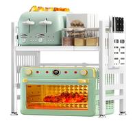 NLMWTI 2 Niveaux Extensible Étagère à Micro-Ondes Réglable, Support de Four à Micro-Ondes au Carbone, Organisateur de Rangement de Cuisine avec 6 Crochets, Blanc