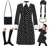 NLMWTI Kit de Déguisement Halloween pour Filles, Halloween Déguisement Mercredi Filles Robe Famille pour fille de 4 à 12 ans avec Perruque,Déguisement enfant pour Halloween Carnaval Fête (120)