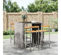 NLQMSU Tabourets de Bar Lot de 4 Gris Résine Tressée Bois d'Acacia | Rotin poly résistant, acier poudré stable, assise bois naturel, repose-pieds intégré, montage aisé avec notice