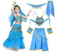 NlsqEU 6pcs Dance Costumes Enfants,Costume Danse Orientale,Enfants Filles Costume de Danse Indienne Danseuse du Ventre avec Voile, Ceinture, Bracelet Halloween Carnaval Costumes- Taille S