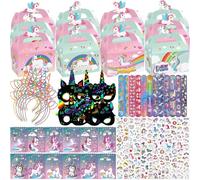 NlsqEU Lot de 84 sacs cadeaux d'anniversaire licorne pour anniversaire d'enfant, masques, stylo, couvre-chef, bracelet à boucle, carnet de notes, autocollants à thème licorne, accessoires de fête