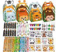 NlsqEU Lot de 96 petits cadeaux de fête au thème de la jungle, sacs cadeaux, ruban à boucle, paille, porte-clés, marque-pages, tampons de bricolage, autocollants