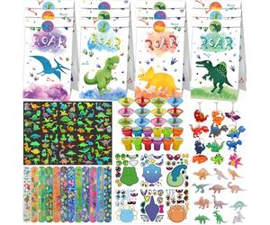 NlsqEU Petit cadeau d'anniversaire pour enfants, sacs cadeaux dinosaures, autocollants de tatouage, bracelet à boucle, toupie, autocollants DIY, modèle jouet, porte-clés