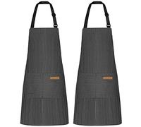Lot de 2 tabliers de cuisine réglables avec 2 poches pour homme et femme (rayures noires)