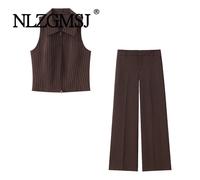NLZGMSJ 2026 - Nouveauté Printemps : Ensemble Chic et Décontracté pour Femme - Gilet Court Sans Manches Rayé et Pantalon Large Taille Haute - Tenue Tendance only pant