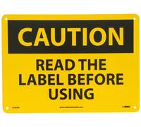 NMC C596AB OSHA Panneau avec inscription « CAUTION - READ THE LABEL BEFORE USING », 35,6 cm de long x 25,4 cm de hauteur, aluminium, noir sur jaune