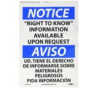 NMC ESN153PB Panneau bilingue OSHA, Légende "Avis - "Droit to Know" Information disponible sur demande", 35,6 cm de longueur x 25,4 cm de hauteur, Vinyle adhésif sensible à la pression, Noir/Bleu sur Blanc
