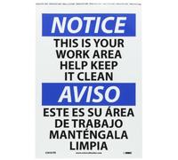 NMC ESN381PB Panneau bilingue OSHA Legend "NOTICE - This is your work area help keep it clean", 35,6 cm de long x 25,4 cm de haut, adhésif en vinyle sensible à la pression, noir/bleu sur blanc
