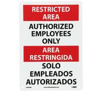 NMC ESRA4RB Panneau bilingue OSHA, légende « RESTRICTED AREA - AUTORIZED EMPLOYEES ONLY », 25,4 cm de long x 35,6 cm de hauteur, plastique rigide, noir/rouge sur blanc