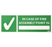 NMC GL315P Panneau d'incendie avec inscription en anglais « In case of fire assembly point is » avec graphique, 35,6 cm de longueur x 12,7 cm de hauteur, polyester brillant, jaune sur vert