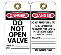 NMC RPT18G « DANGER - DO NOT OPEN VALVE » Étiquette de prévention des accidents avec œillet en laiton, vinyle non déchirable, longueur de 7,6 cm, hauteur de 15,2 cm, noir/rouge sur blanc (lot de 25)