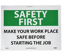 NMC SF168PB Panneau OSHA, légende « Safety First - Make Your Work Place Safe before start the Job, 35,6 cm de long x 25,4 cm de haut, vinyle sensible à la pression, noir/vert sur blanc