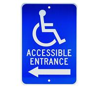 NMC TM150J ACCESSIBLE ENTRANCE - 12 po x 18 po Panneau en aluminium réfléchissant robuste avec symbole de handicap et graphique flèche gauche, texte blanc sur base bleue