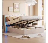 NMCXO Lit 140x200 avec Sommier, Lit Adulte avec Éclairage LED,Lit Coffre 140x200 avec Rangement,lit 2 Personnes avec Lattes en Bois,Cadre Capitonné pour Adolescent Adulte, sans Matelas