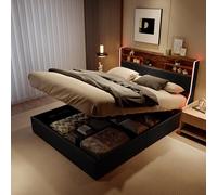 NMCXO Lit 140x200,Cadre de lit avec Rangement, Lit Coffre Adulte avec éclairage LED et Chargement USB, Lits Capitonné avec à Lattes,Simili Cuir,Noir