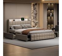NMCXO Lit 160x200-Lit à LED-avec Sommier à Latte-Chargement USB-4 Grands et Tiroirs-Cadre de lit Double-Tête de lit en Lin-Sommier en Bois 160x200cm-Moderne-Sans Matelas,Beige