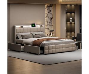 NMCXO Lit 160x200-Lit à LED-avec Sommier à Latte-Chargement USB-4 Grands et Tiroirs-Cadre de lit Double-Tête de lit en Lin-Sommier en Bois 160x200cm-Moderne-Sans Matelas,Beige