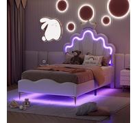 NMCXO Lit Enfant 90x200,Lit Princesse Couronne avec Sommier à Lattes, Cadre de lit Simple avec LED,pour Enfant et Adolescents,sans Matela,Similicuir