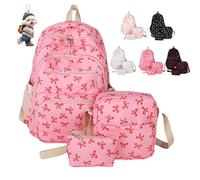 NNBWLMAEE 3 Piece Bow Backpack Set for Girls, Preppy Daypack & Shoulder Bag Handbags, Kawaii Bow Nylon School Bags Crossbody Bag, for Teen, College, Primary and Secondary (Rose red)
