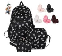 NNBWLMAEE 3 Piece Bow Backpack Set for Girls, Preppy Daypack & Shoulder Bag Handbags, Kawaii Bow Nylon School Bags Crossbody Bag, for Teen, College, Primary and Secondary (Black)