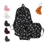 NNBWLMAEE 3 Set Bow Backpack for Girls, 3-Piece Bow Design Backpack Set, Preppy Primary Secondary Book Bag with Cross-body Bag and Small Pouch (Black)